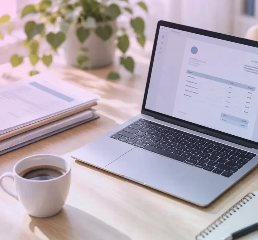 Ordinateur portable ouvert sur une facture, documents et tasse de café sur un bureau clair