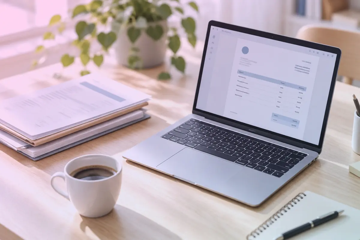 Ordinateur portable ouvert sur une facture, documents et tasse de café sur un bureau clair