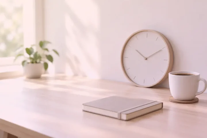 Horloge, carnet fermé et tasse de café sur un bureau épuré