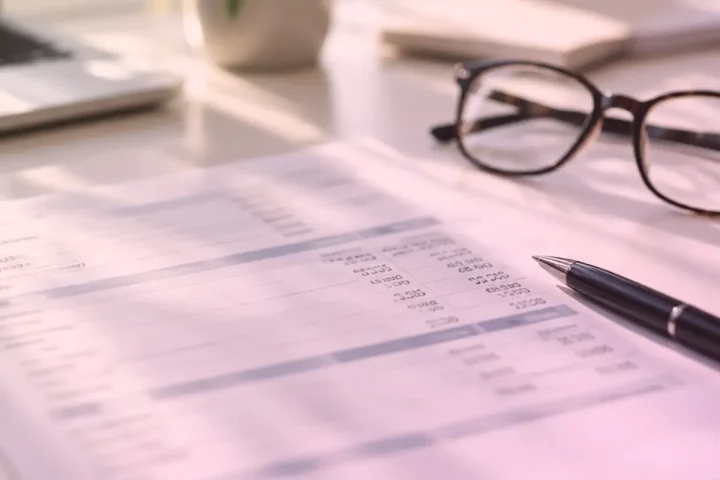 Facture papier, stylo et lunettes posés sur un bureau blanc