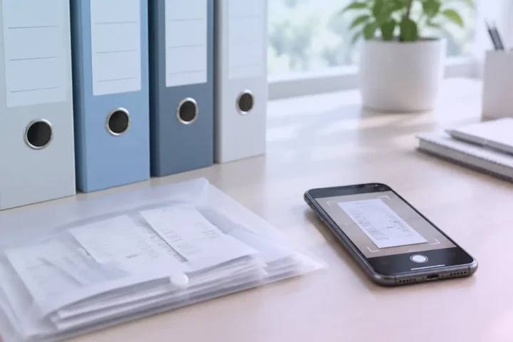 Classeurs alignés et reçus rangés, smartphone numérisant un justificatif