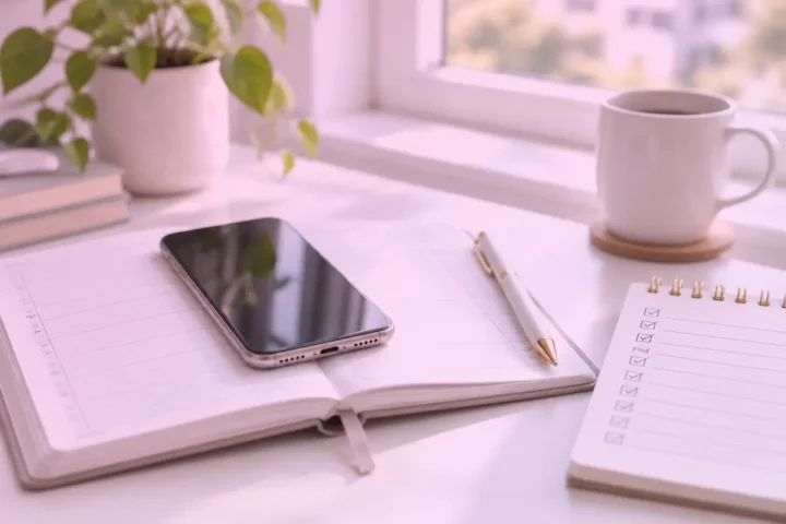 Agenda ouvert, smartphone et carnet de suivi des relances sur une table près d'une fenêtre