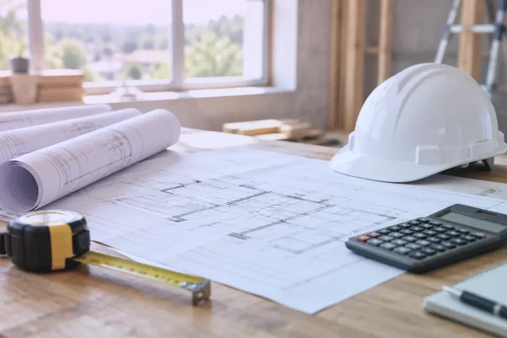 Plans de chantier, casque blanc, mètre ruban et calculatrice sur une table en bois