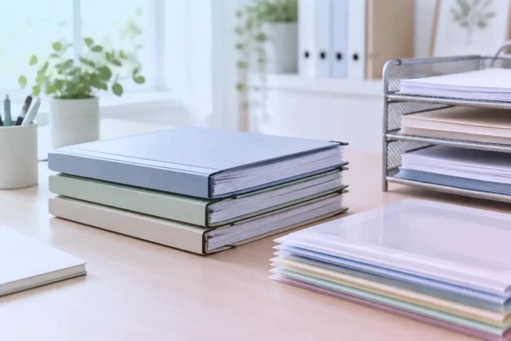 Chemises et pochettes de documents triées sur un bureau rangé