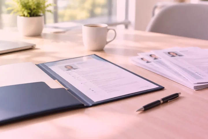 Dossier de recrutement ouvert et CV imprimés sur un bureau clair