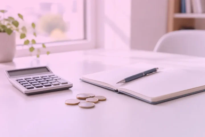 Calculatrice, carnet ouvert et pièces de monnaie sur une table blanche